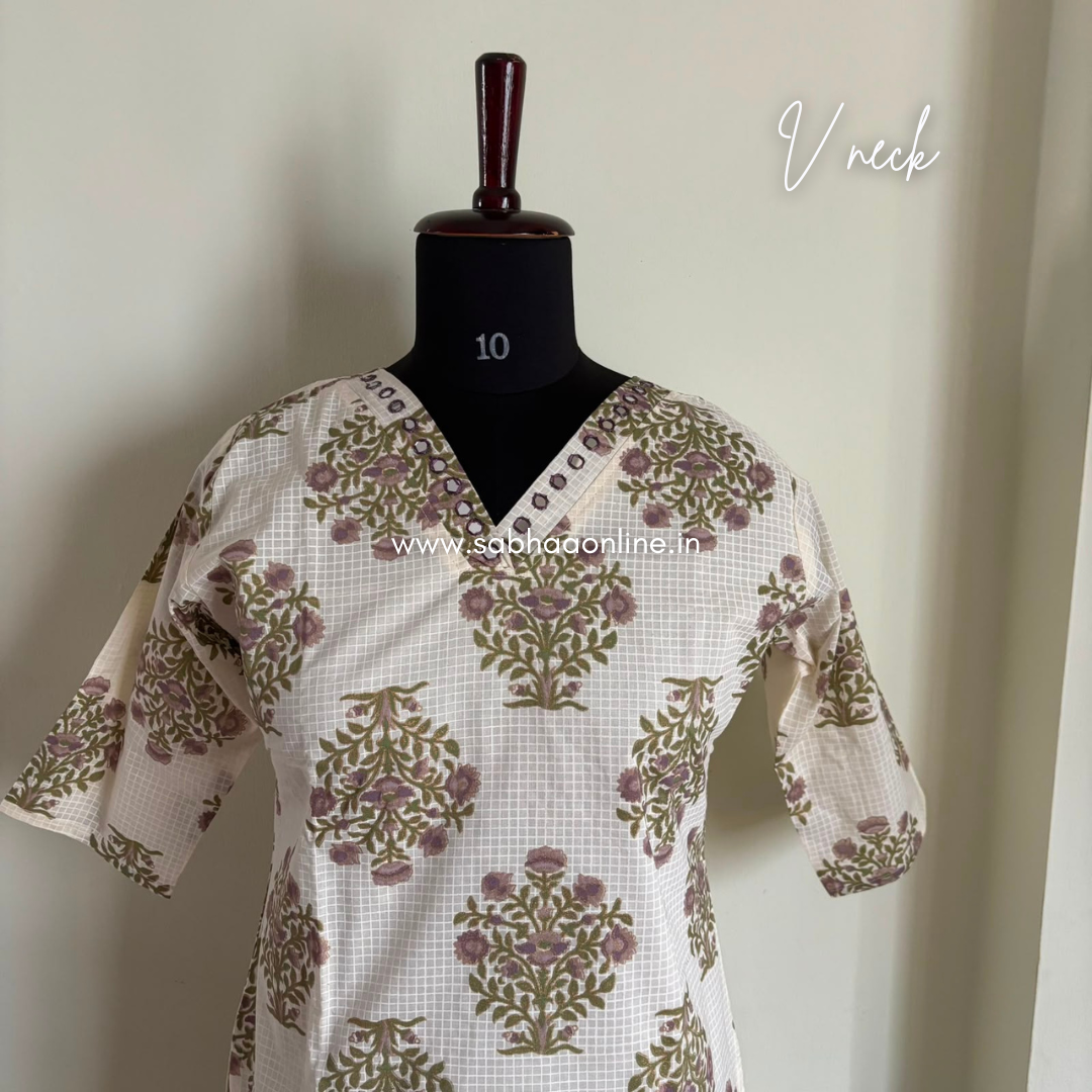 Shefali - Off White and Lavendar Sanganeri print Cotton kurti 3pc set with lining