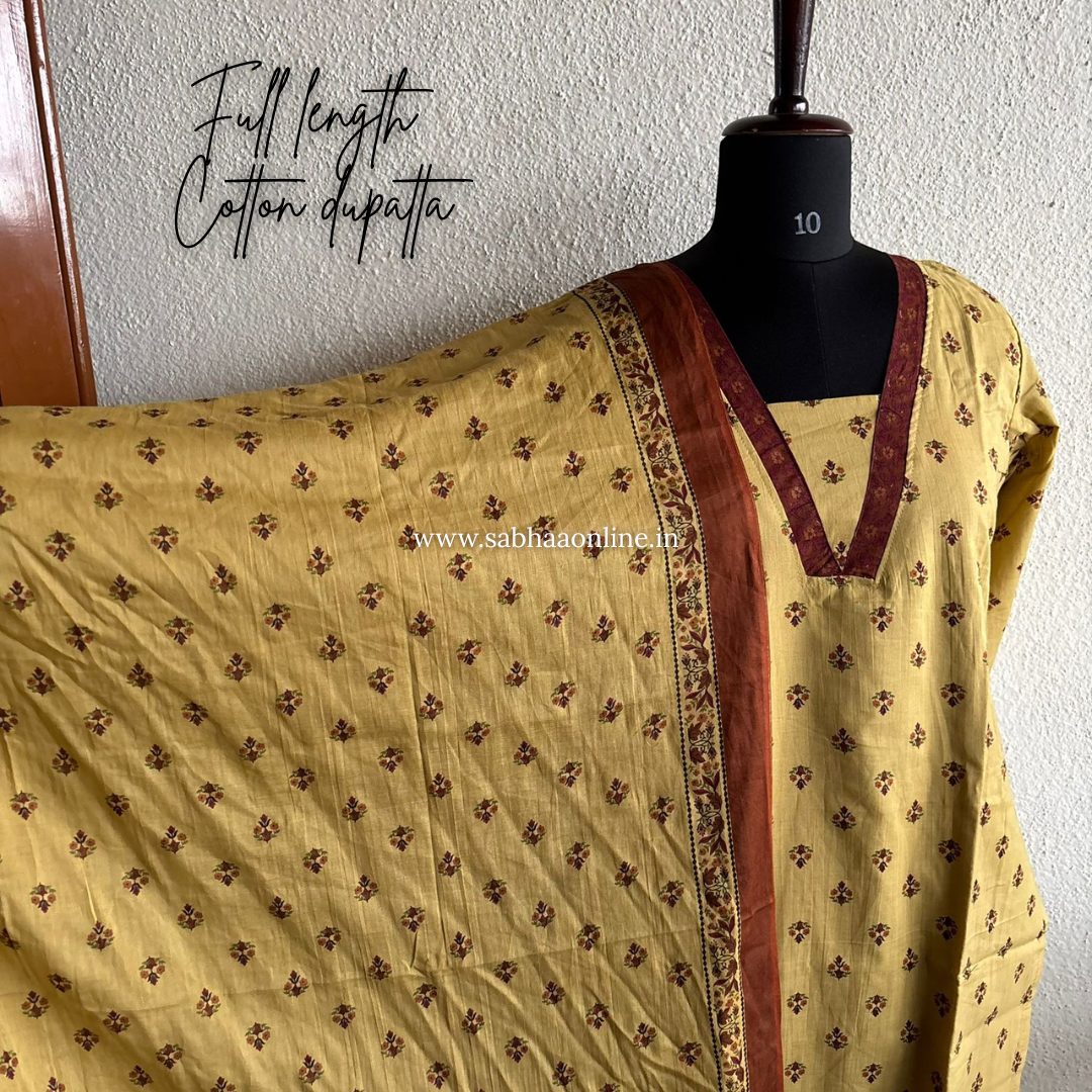 Tahira - Straw yellow with a mix of brown and maroon Cotton kurti 3pc set with lining - LN26