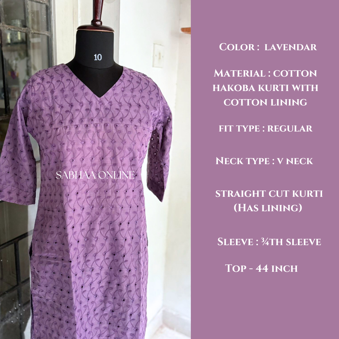 Isha - Lavendar Hakoba Cotton kurti with lining (Only in size 36) - LN17