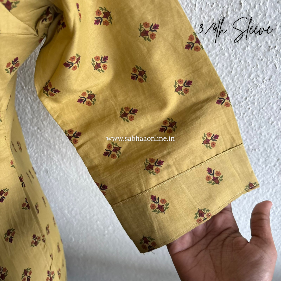 Tahira - Straw yellow with a mix of brown and maroon Cotton kurti 3pc set with lining - LN26