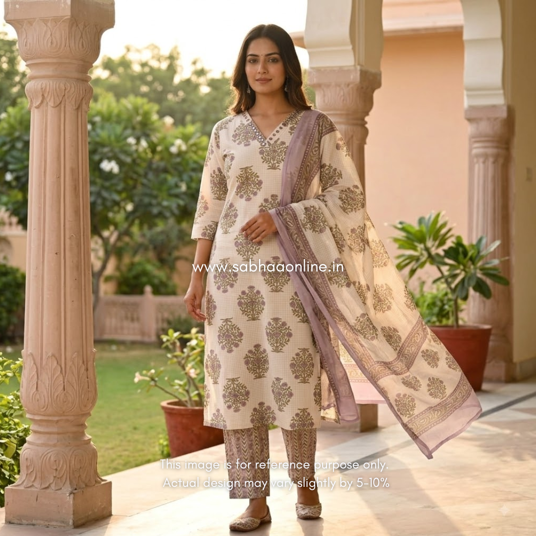 Shefali - Off White and Lavendar Sanganeri print Cotton kurti 3pc set with lining