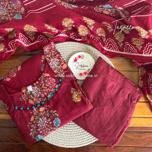Tasneem - Maroon Poly Cotton blend kurti 3pc set with lining - LN 67