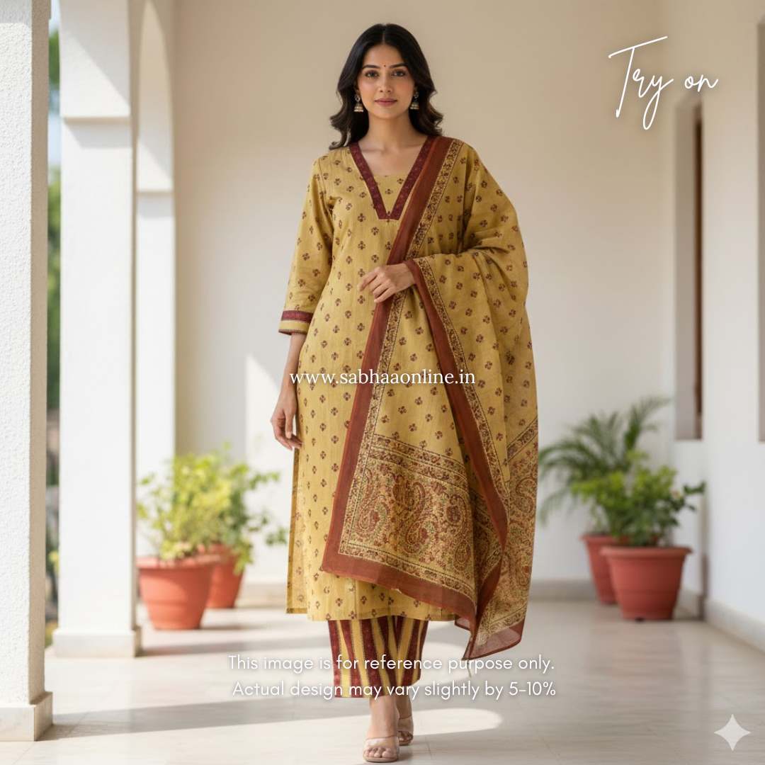 Tahira - Straw yellow with a mix of brown and maroon Cotton kurti 3pc set with lining - LN26