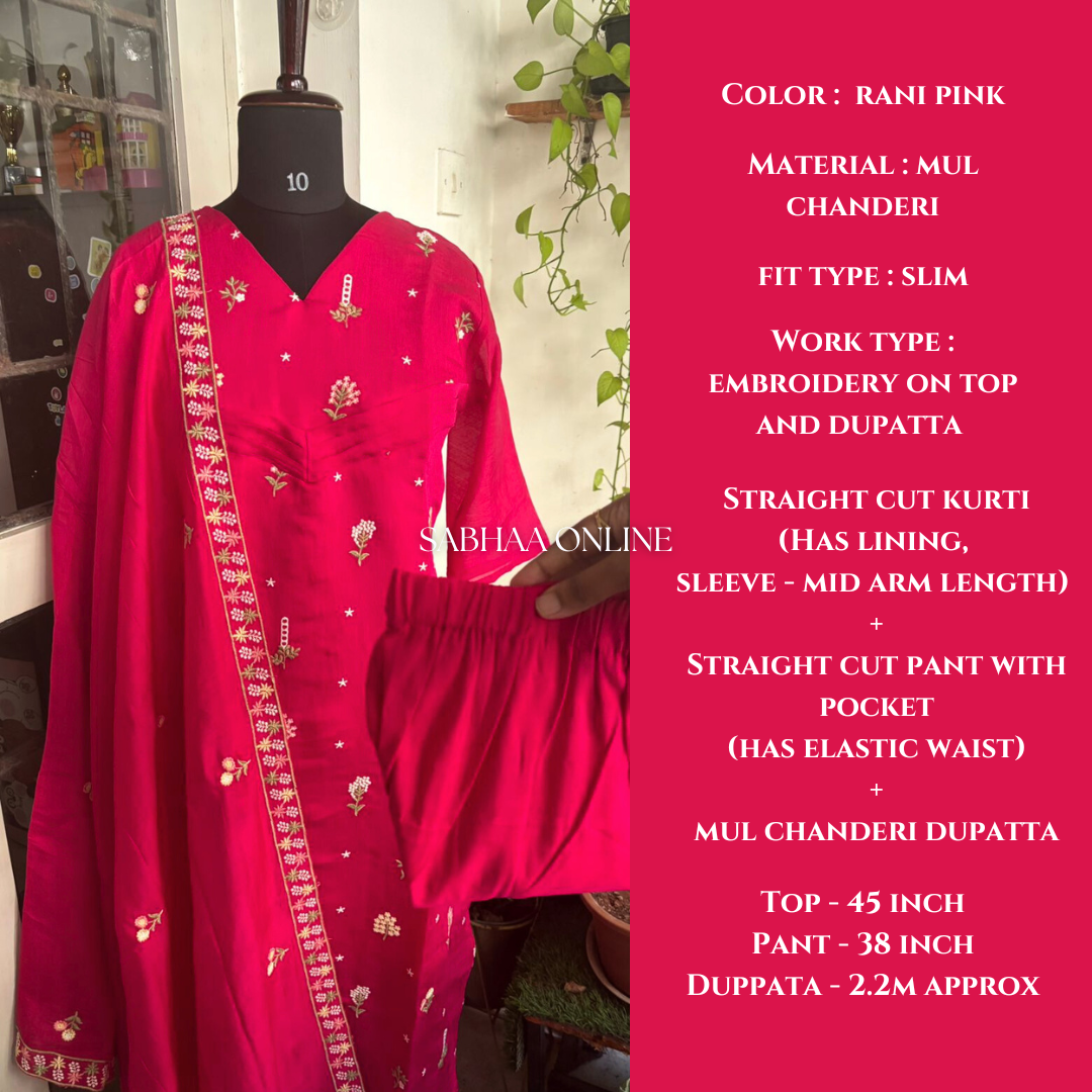 Maithreyi - Rani Pink Premium Mul Chanderi Kurti 3pc set with lining (Slim fit)