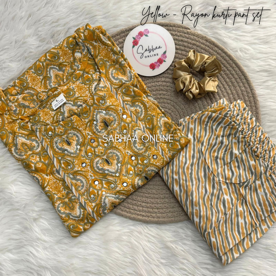 Yellow Rayon Kurti Pant set