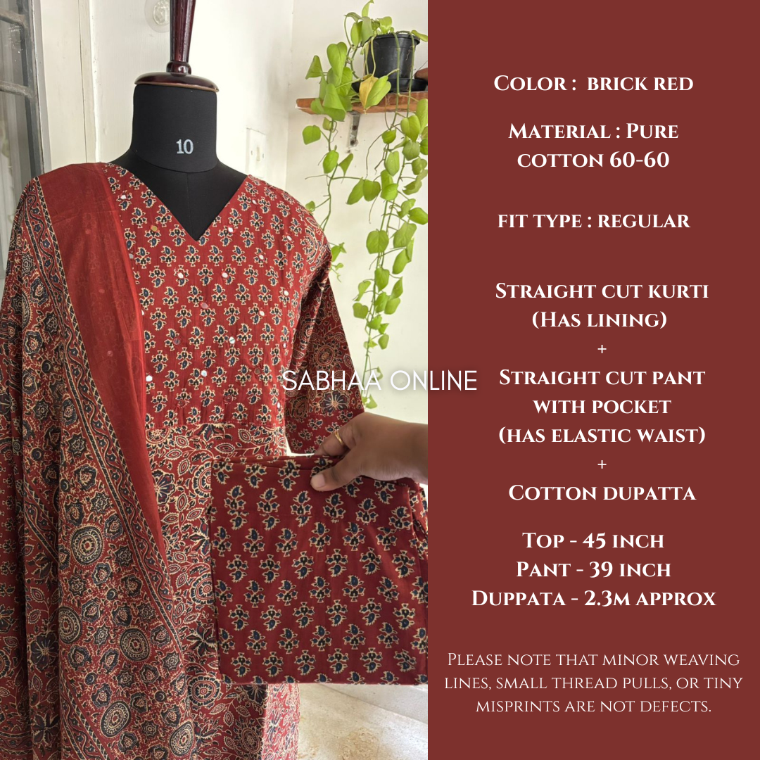 Theja - Brick red Ajrakh Cotton kurti 3pc set with lining