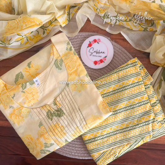 Nayana - Butter Yellow Cotton kurti 3pc set with lining - LN 65