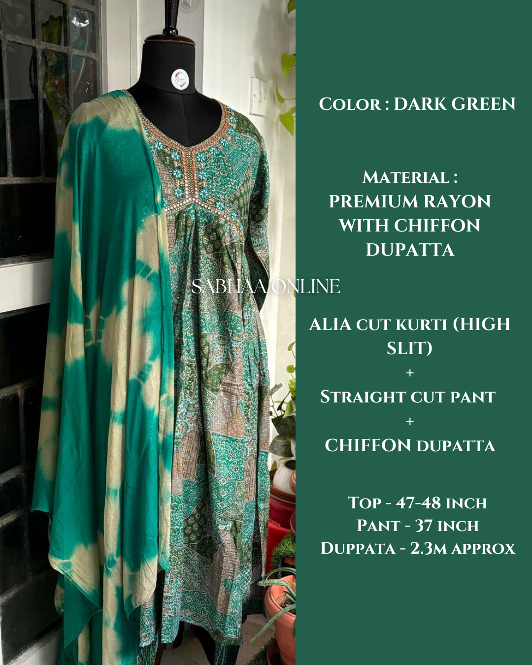 Dark Green Alia cut Kurti 3pc set