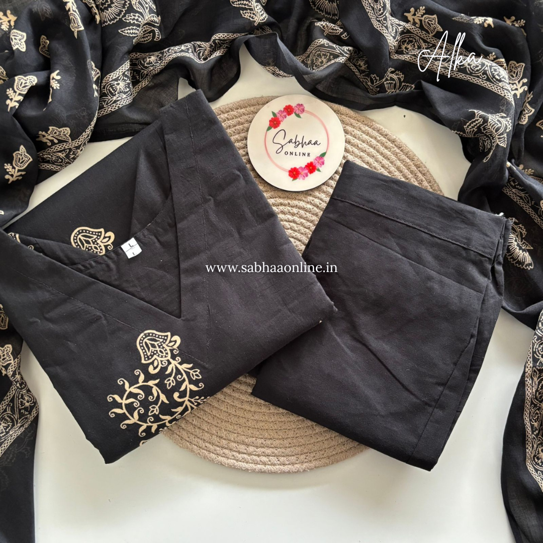 Alka - Black and Beige Cotton kurti 3pc set with lining - LN 26