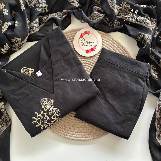 Alka - Black and Beige Cotton kurti 3pc set with lining - LN 26
