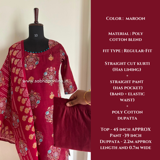 Tasneem - Maroon Poly Cotton blend kurti 3pc set with lining - LN 67