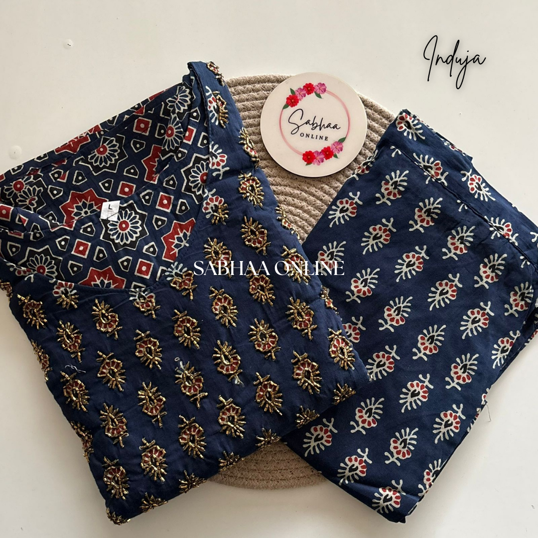 Induja - Navy Blue Ajrakh Cotton Coord set with lining - LN 29