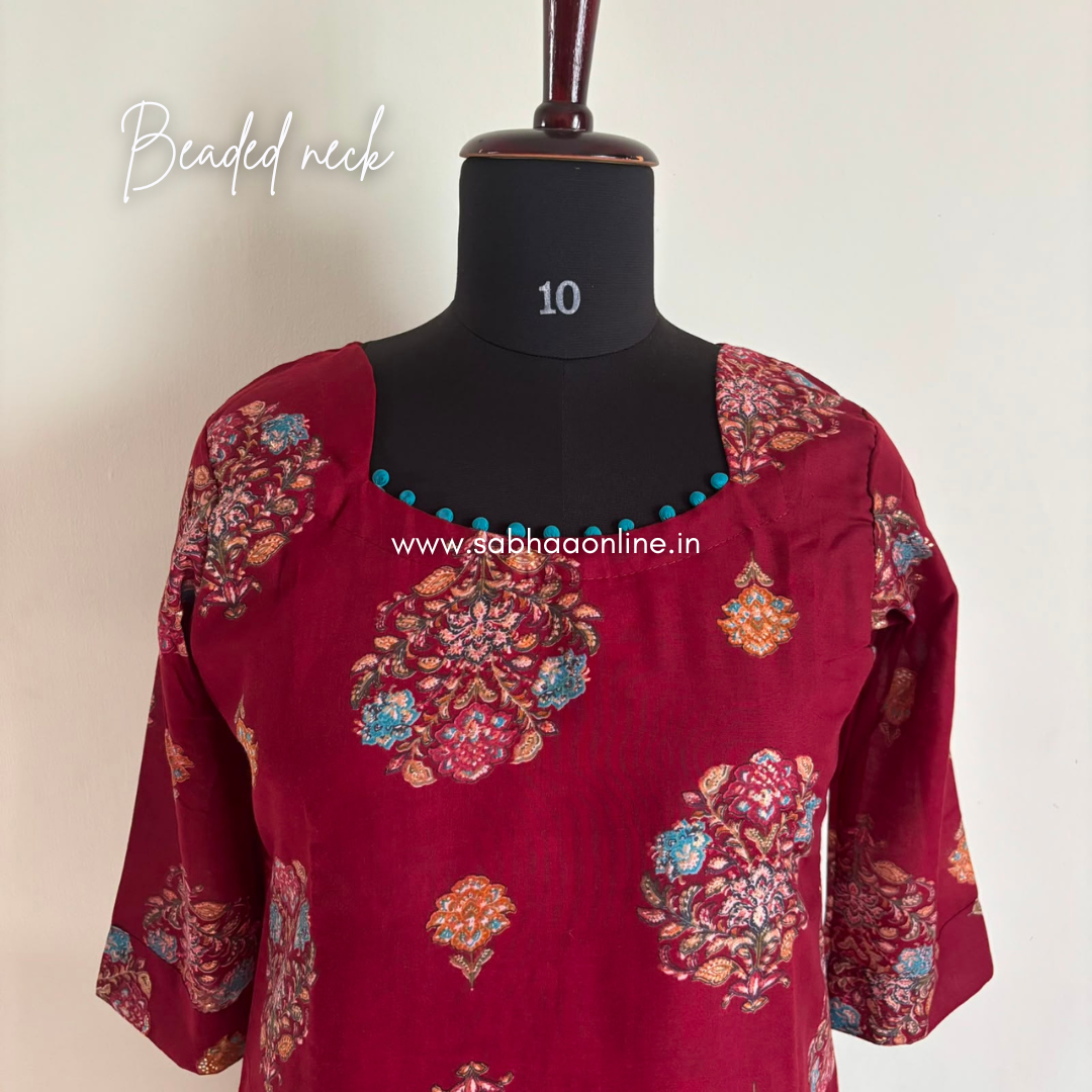 Tasneem - Maroon Poly Cotton blend kurti 3pc set with lining - LN 67