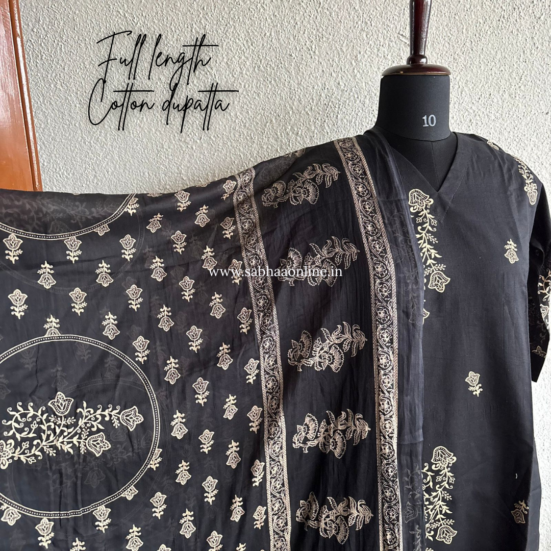 Alka - Black and Beige Cotton kurti 3pc set with lining - LN 26