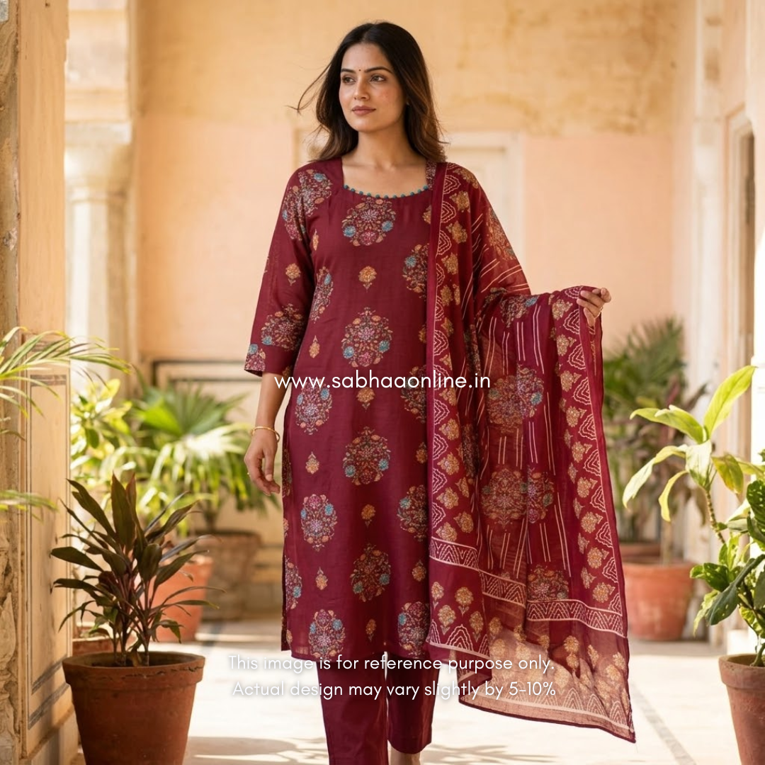 Tasneem - Maroon Poly Cotton blend kurti 3pc set with lining - LN 67