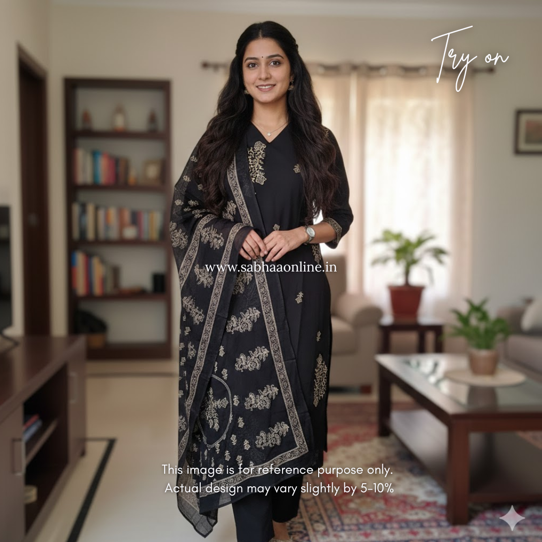 Alka - Black and Beige Cotton kurti 3pc set with lining - LN 26