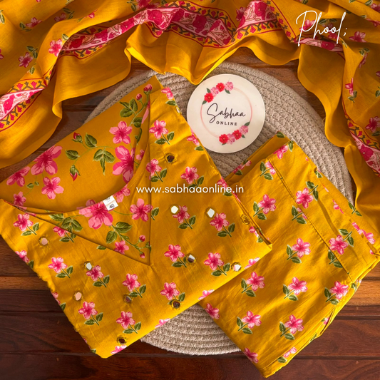 Phool - Golden Yellow and pink Cotton kurti 3pc set with lining - LN 68