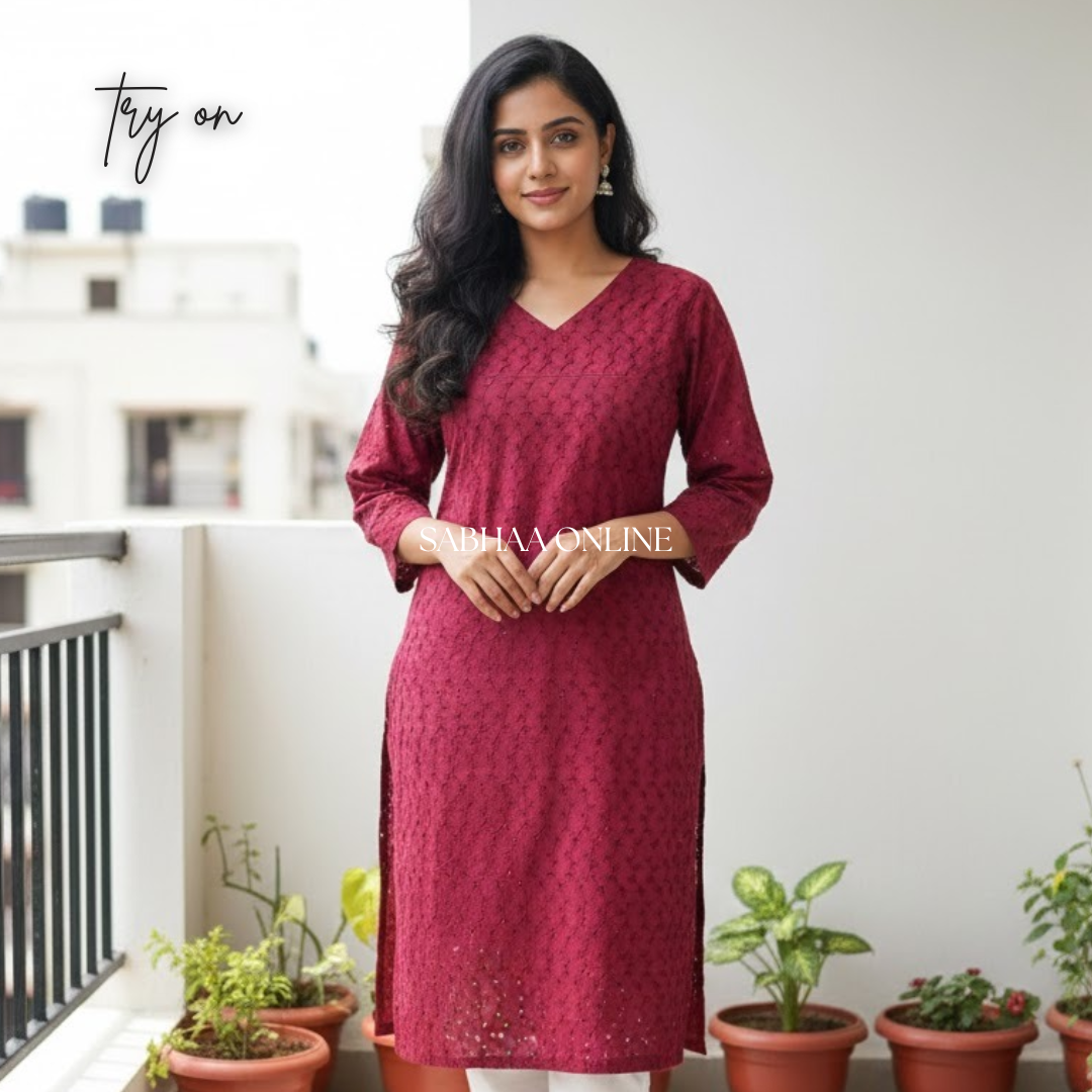 Isha - Maroon Hakoba Cotton kurti with lining - LN 17