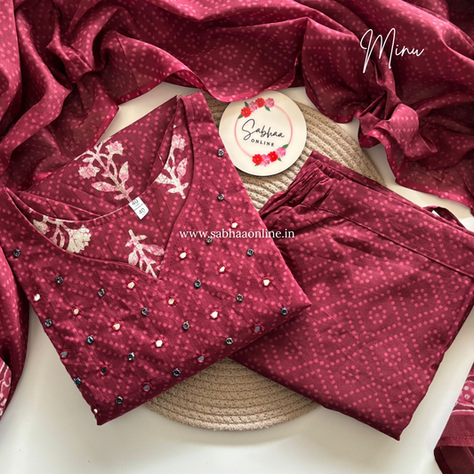 Minu - Deep Wine Cotton kurti 3pc set with lining - LN26