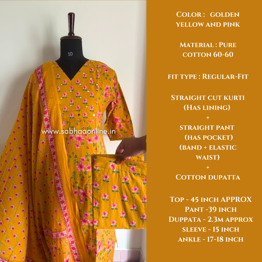 Phool - Golden Yellow and pink Cotton kurti 3pc set with lining - LN 68