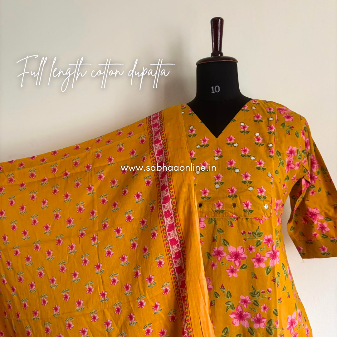 Phool - Golden Yellow and pink Cotton kurti 3pc set with lining - LN 68