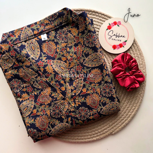 Juno - Navy Blue Ajrak Cotton kurti with lining (Slim fit)