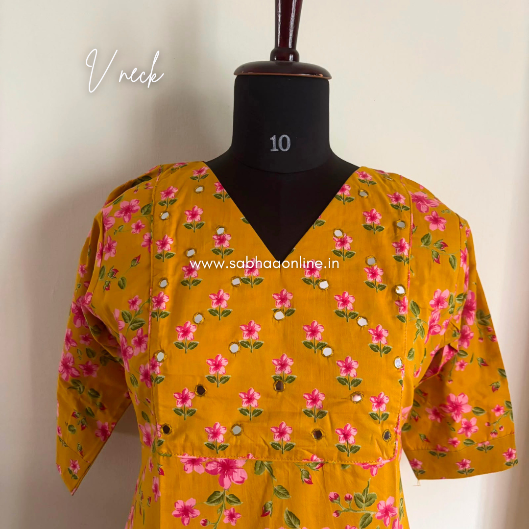 Phool - Golden Yellow and pink Cotton kurti 3pc set with lining - LN 68