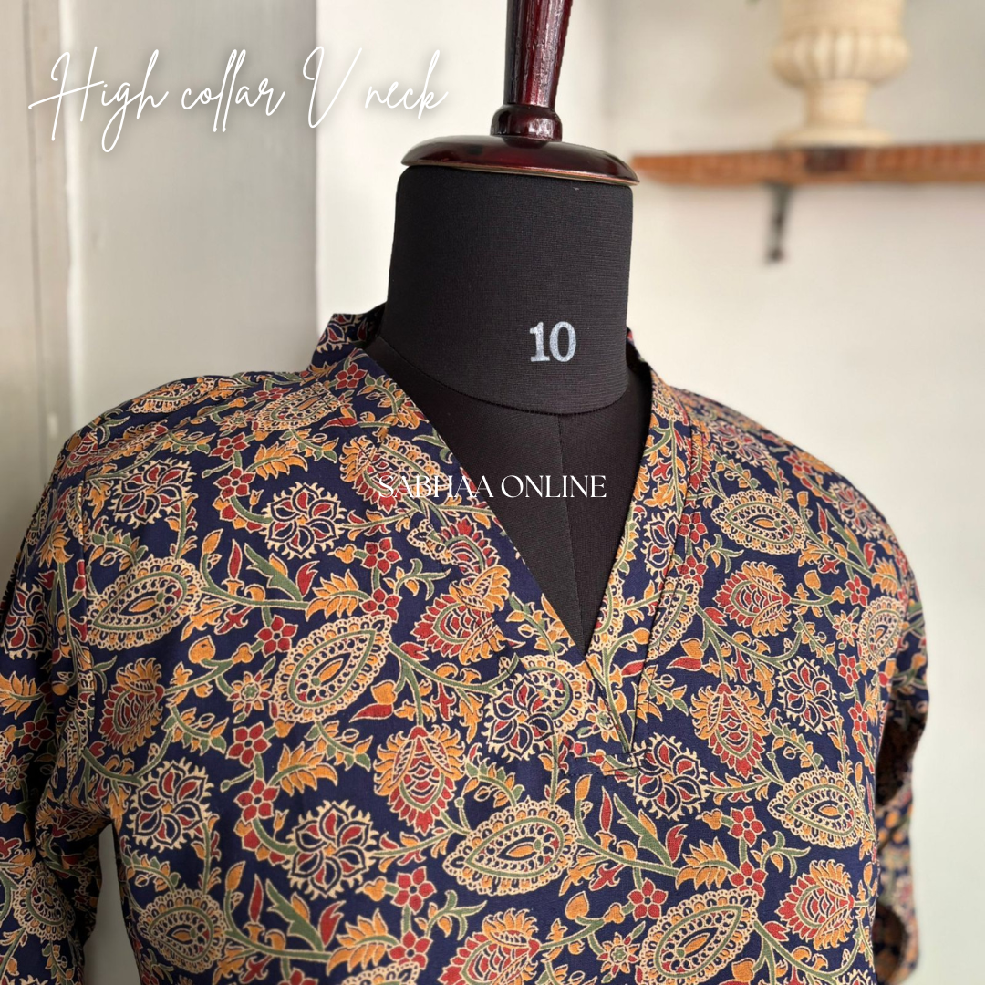 Juno - Navy Blue Ajrak Cotton kurti with lining (Slim fit)