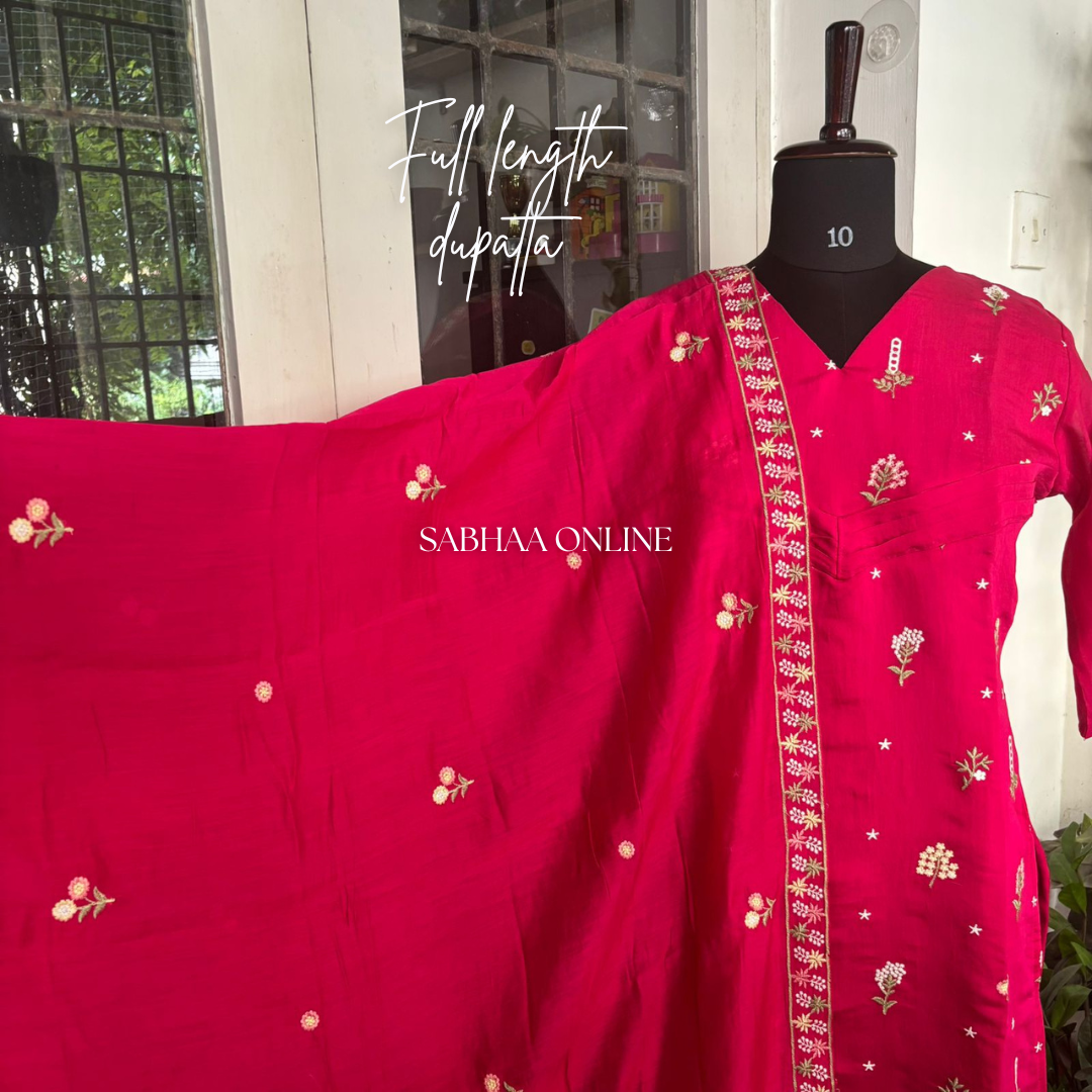 Maithreyi - Rani Pink Premium Mul Chanderi Kurti 3pc set with lining (Slim fit)