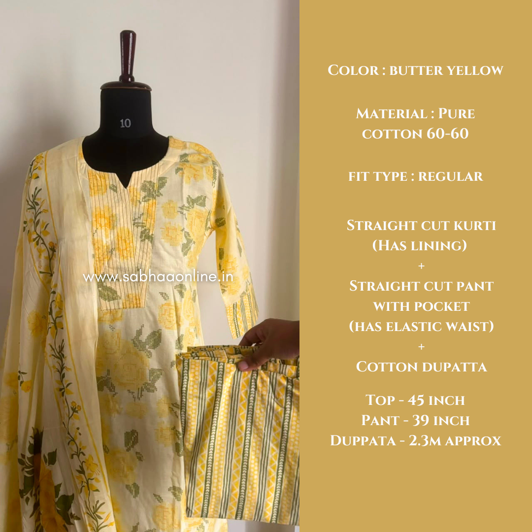 Nayana - Butter Yellow Cotton kurti 3pc set with lining - LN 65