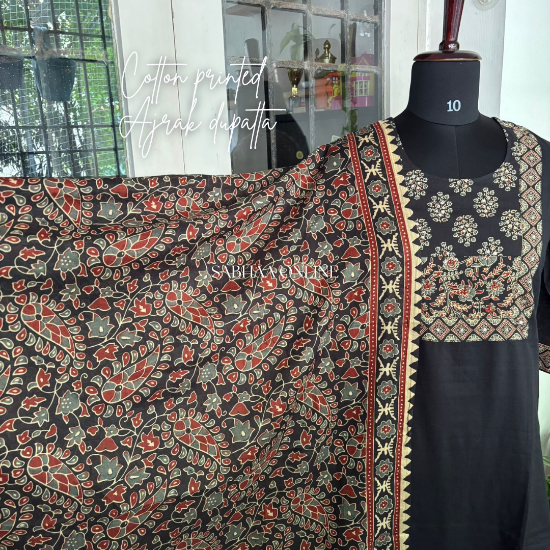 Rana - Black Solid + Ajrak printed Cotton Kurti 3pc set