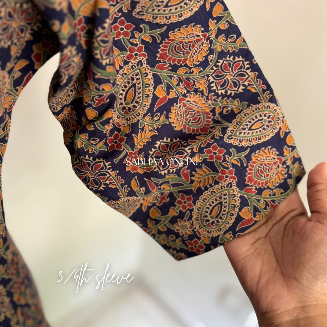 Juno - Navy Blue Ajrak Cotton kurti with lining (Slim fit)