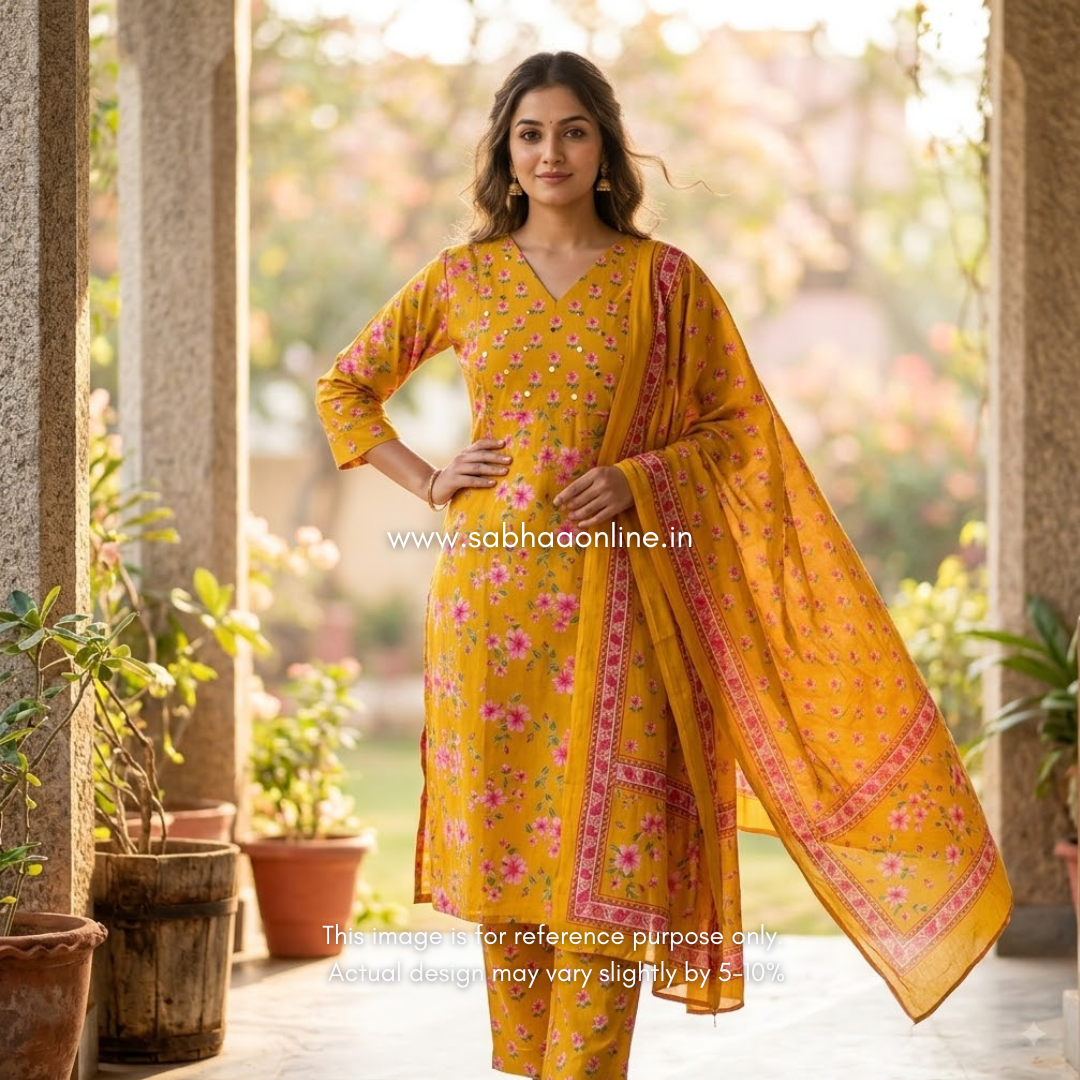 Phool - Golden Yellow and pink Cotton kurti 3pc set with lining - LN 68