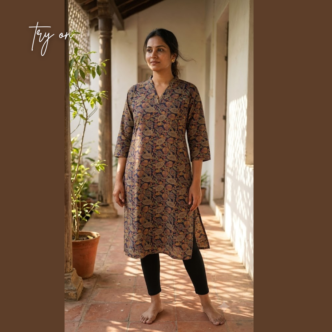 Juno - Navy Blue Ajrak Cotton kurti with lining (Slim fit)
