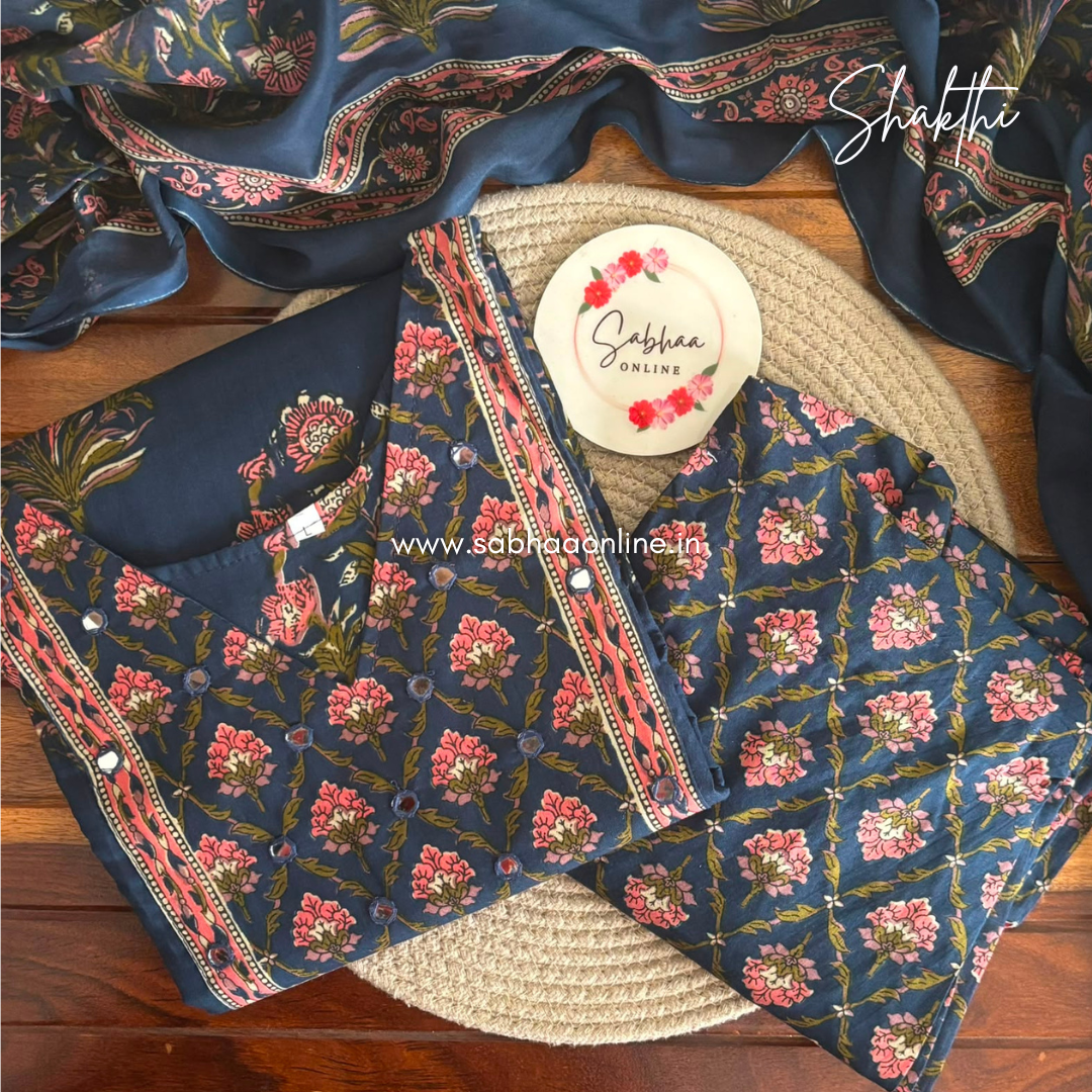 Shakthi - Navy Blue and Pink Sanganeri Print Cotton kurti 3pc set with lining - LN 68