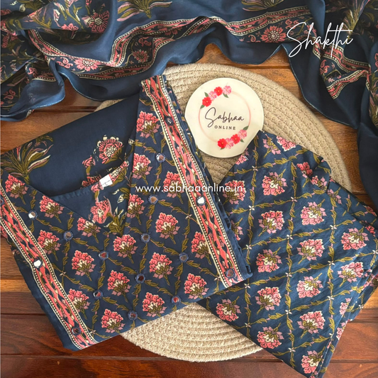 Shakthi - Navy Blue and Pink Sanganeri Print Cotton kurti 3pc set with lining - LN 68
