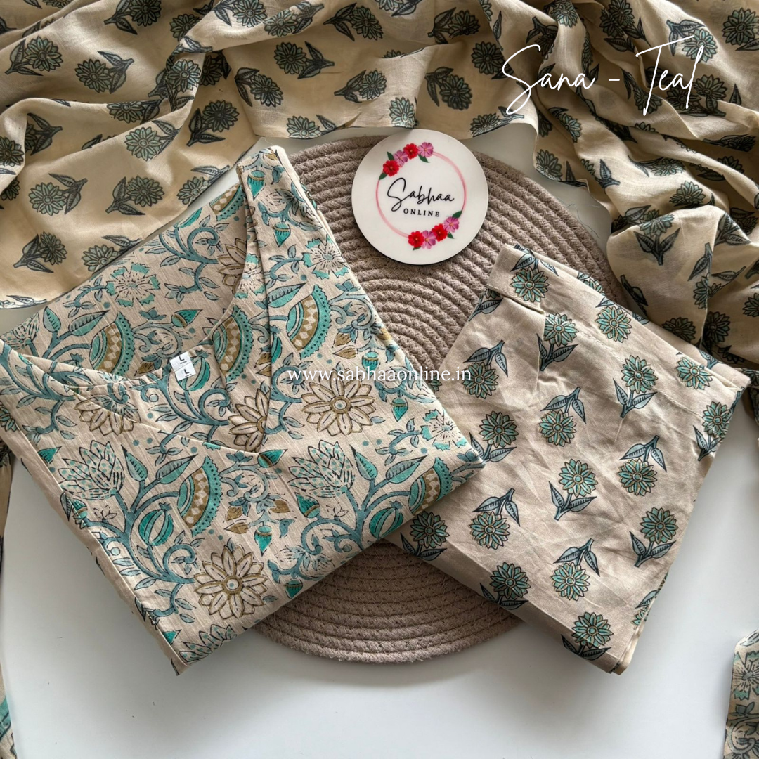 Sana - Cream and Teal Cotton kurti 3pc set with lining - LN26