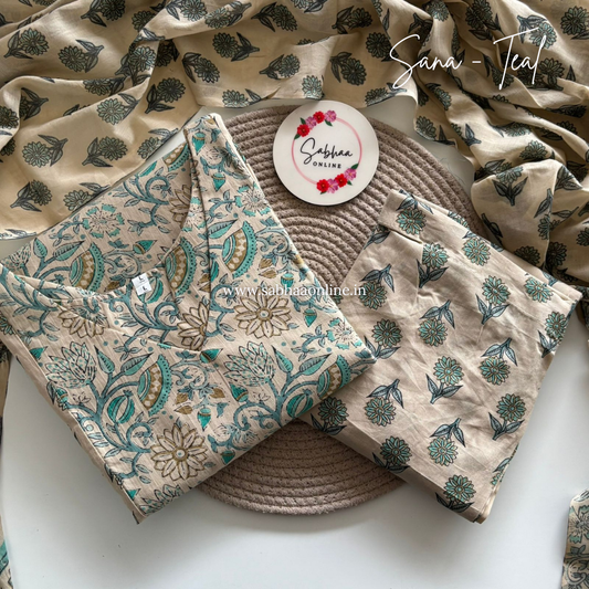 Sana - Cream and Teal Cotton kurti 3pc set with lining - LN26