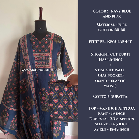 Shakthi - Navy Blue and Pink Sanganeri Print Cotton kurti 3pc set with lining - LN 68