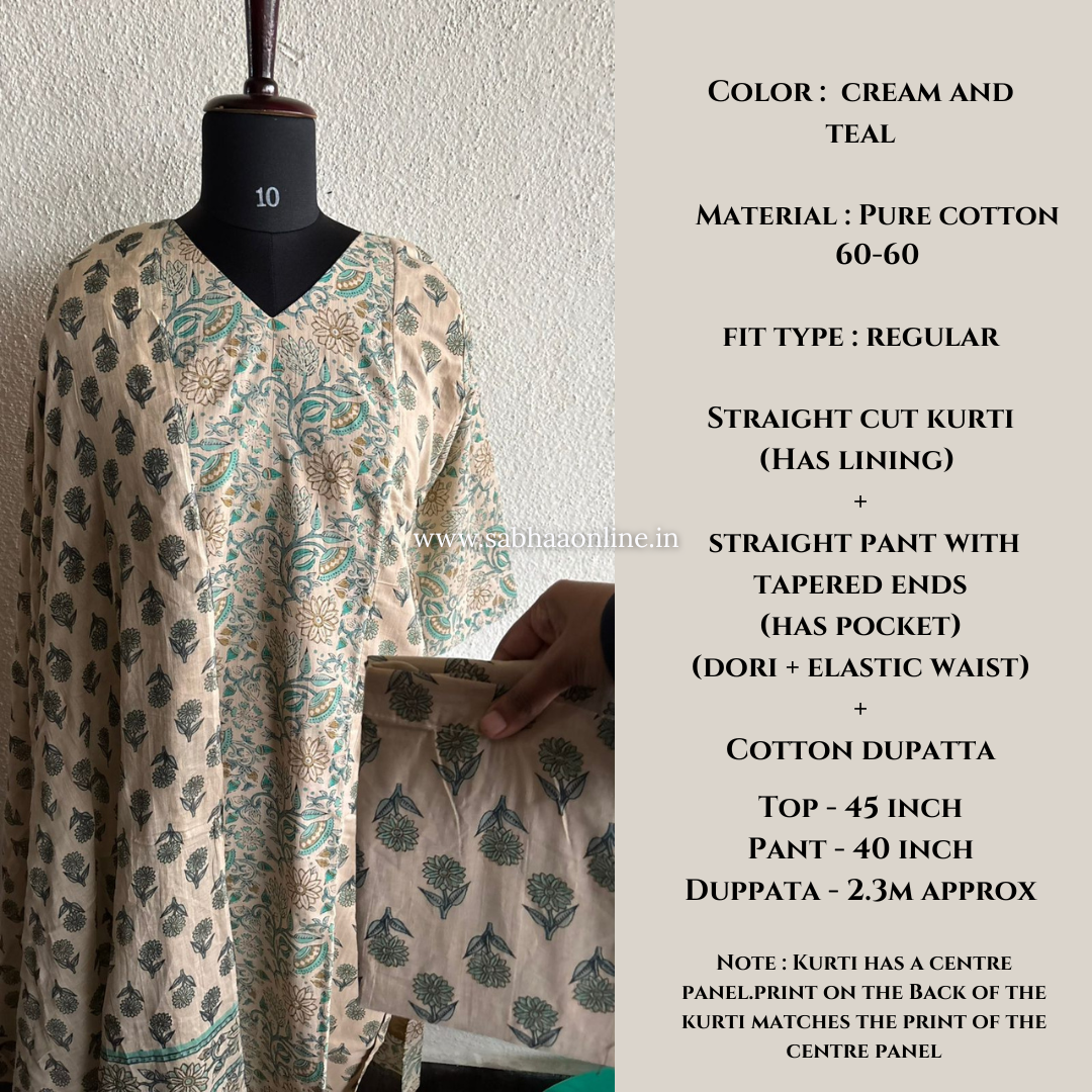 Sana - Cream and Teal Cotton kurti 3pc set with lining - LN26