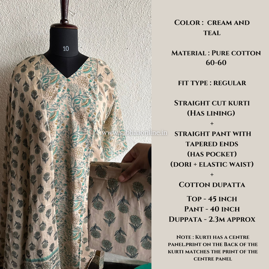 Sana - Cream and Teal Cotton kurti 3pc set with lining - LN26