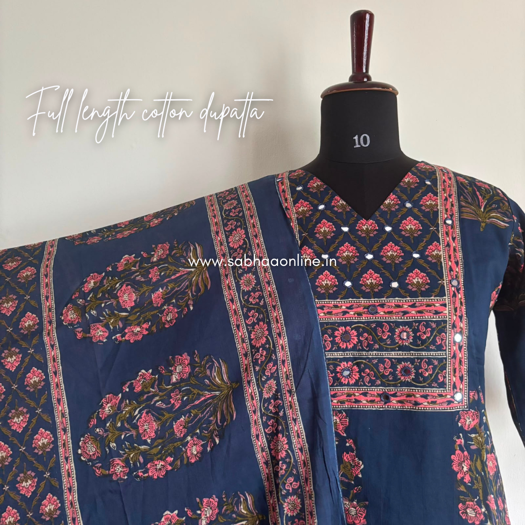 Shakthi - Navy Blue and Pink Sanganeri Print Cotton kurti 3pc set with lining - LN 68