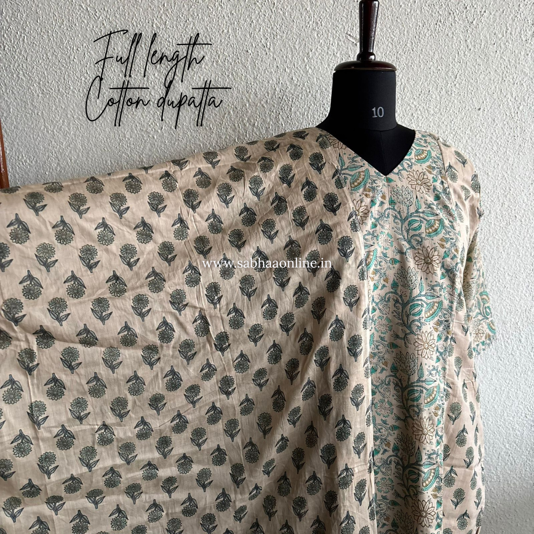 Sana - Cream and Teal Cotton kurti 3pc set with lining - LN26