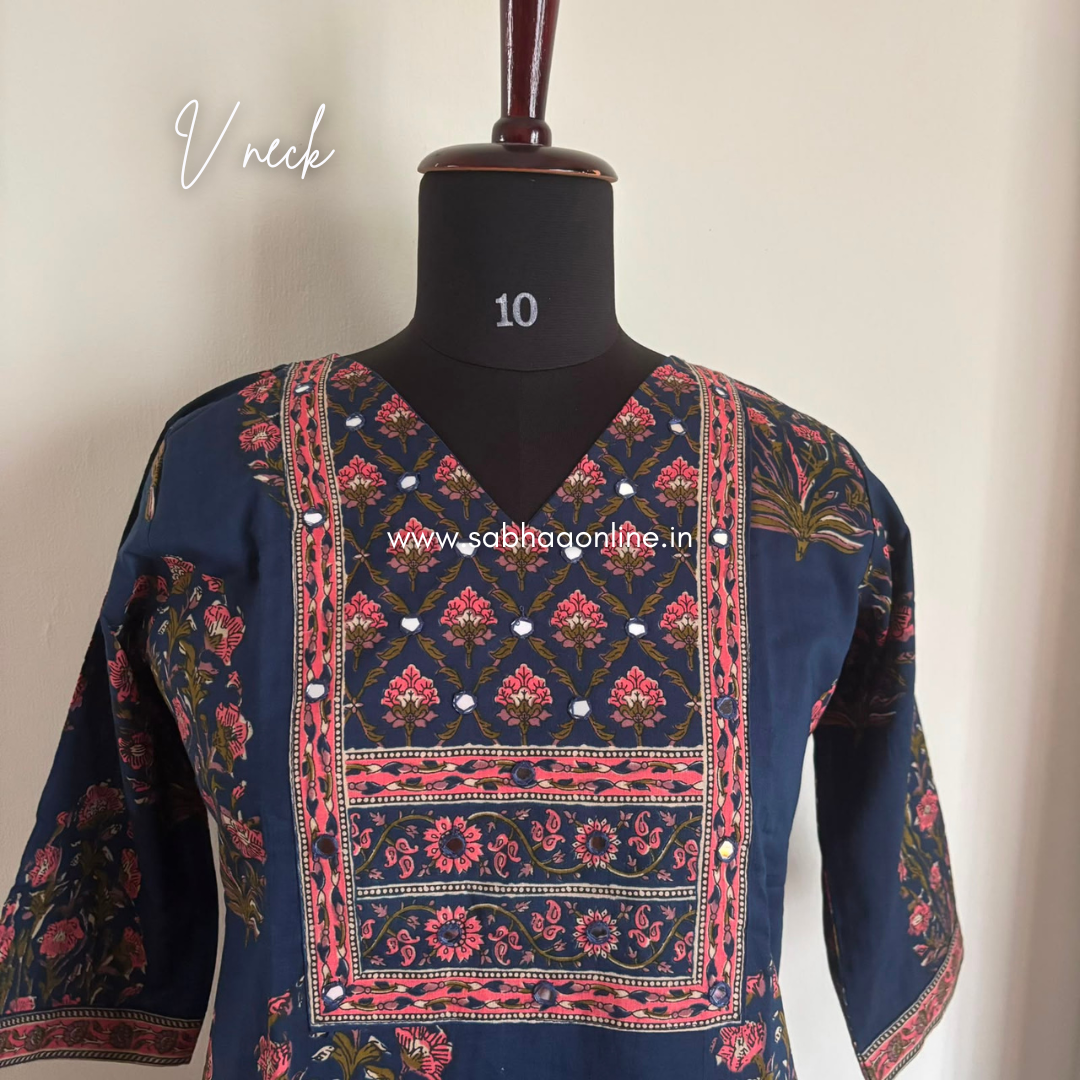 Shakthi - Navy Blue and Pink Sanganeri Print Cotton kurti 3pc set with lining - LN 68
