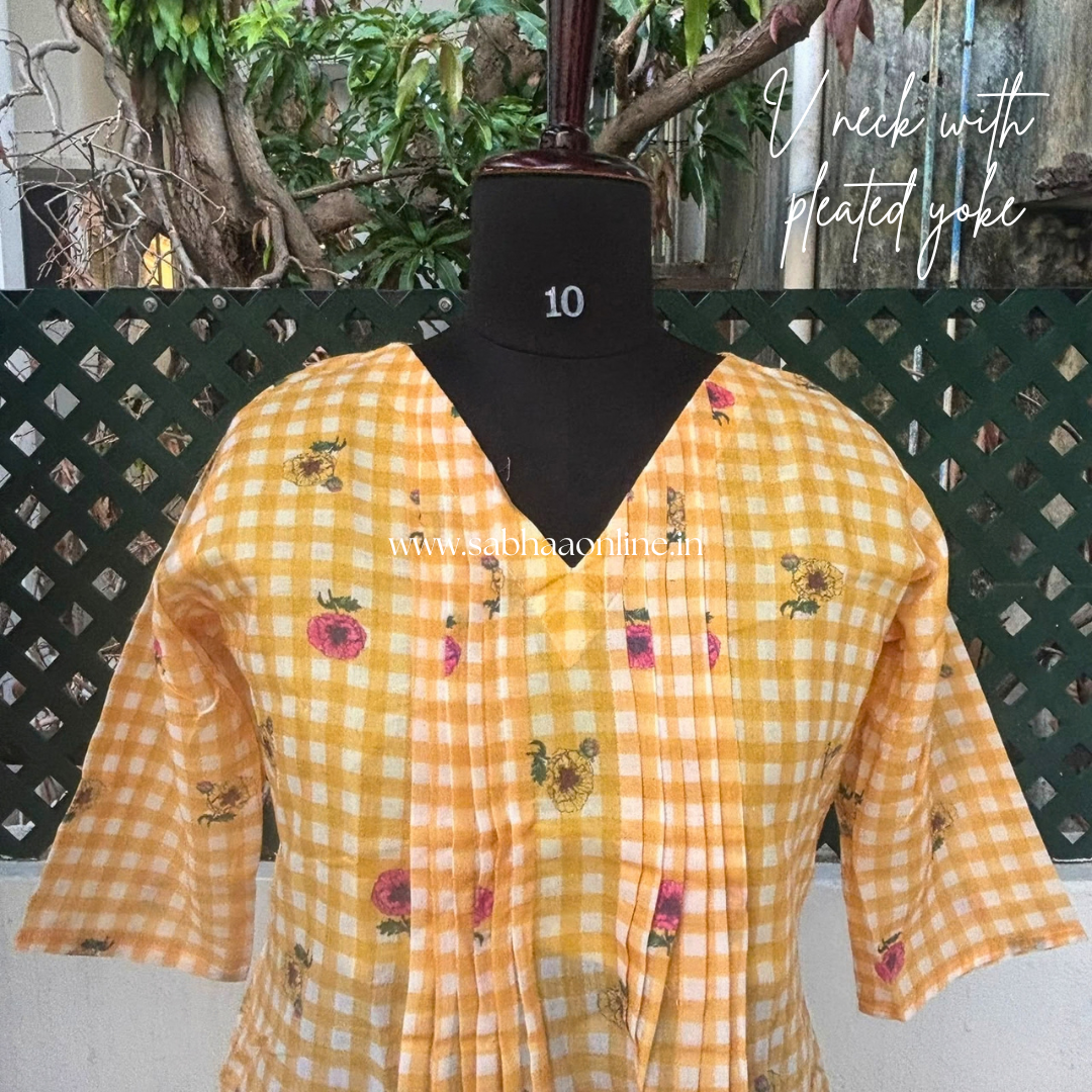 Poppy - Mango Yellow checkered floral Cotton Anarkali kurti /Frock - LN 71