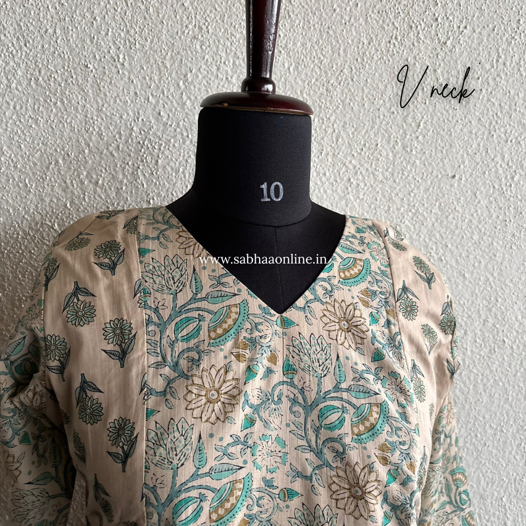 Sana - Cream and Teal Cotton kurti 3pc set with lining - LN26