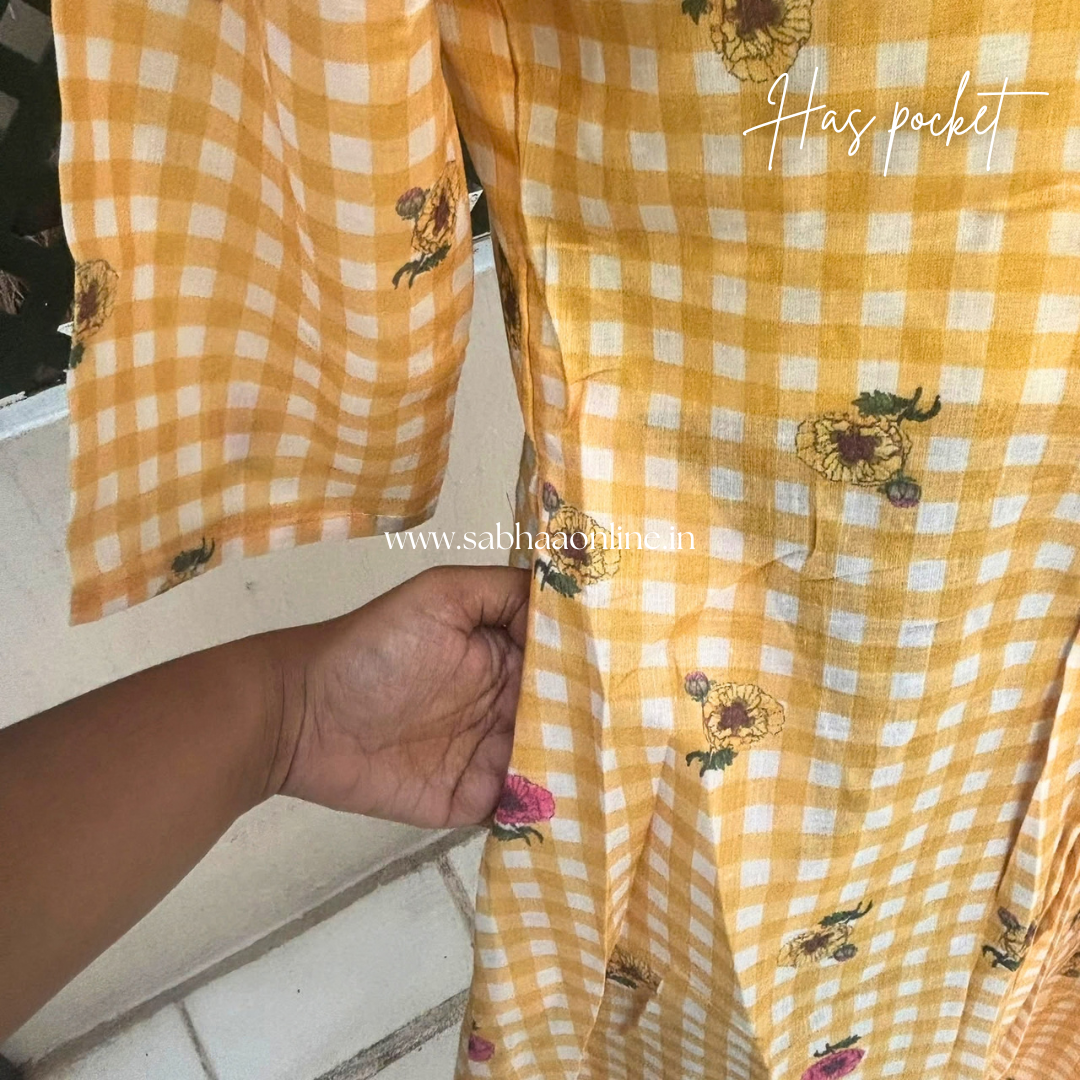 Poppy - Mango Yellow checkered floral Cotton Anarkali kurti /Frock - LN 71