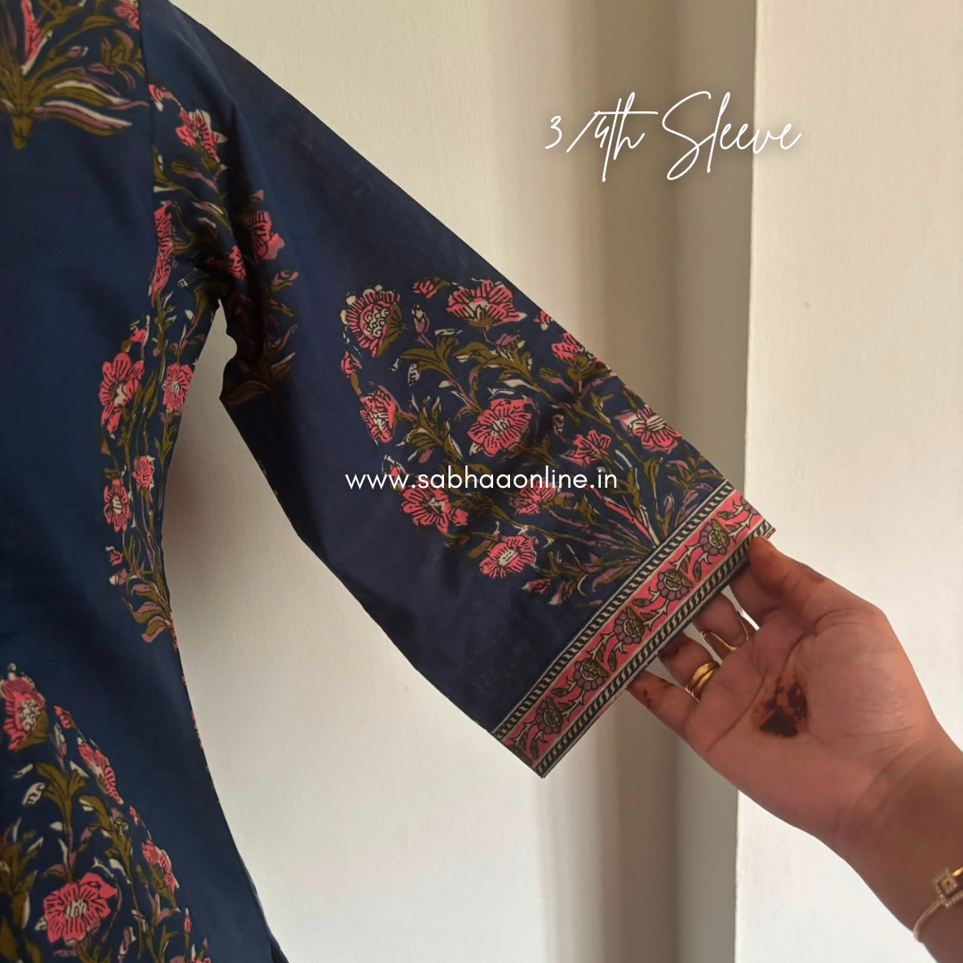 Shakthi - Navy Blue and Pink Sanganeri Print Cotton kurti 3pc set with lining - LN 68