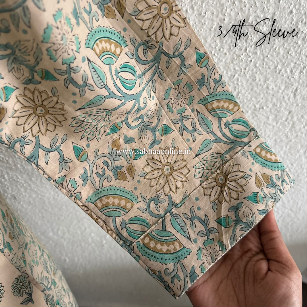 Sana - Cream and Teal Cotton kurti 3pc set with lining - LN26