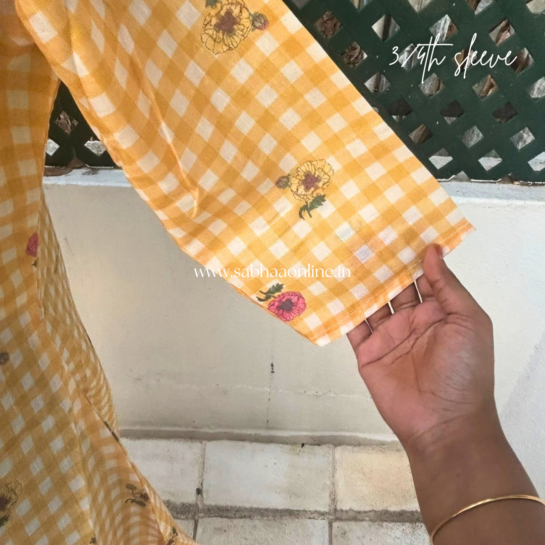 Poppy - Mango Yellow checkered floral Cotton Anarkali kurti /Frock - LN 71